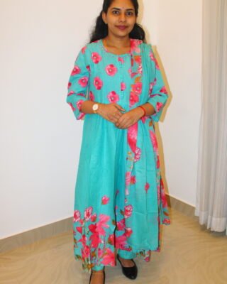 Women Sea Green Printed Pure Cotton Anarkali Kurta Sets With Dupatta